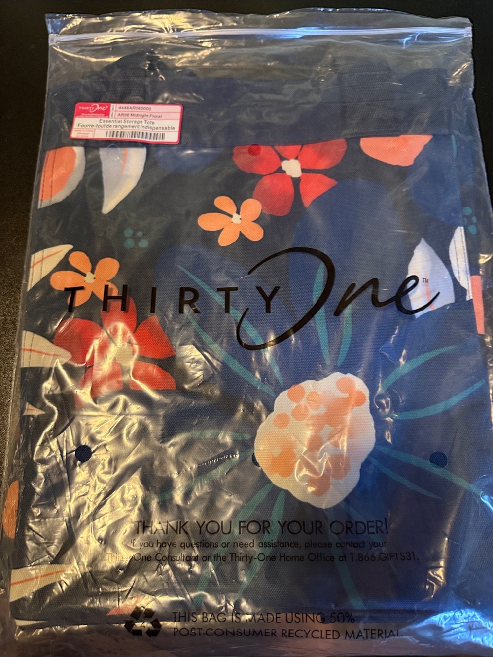 thirty-one Navy Floral Tote with Coral & Peach Blooms